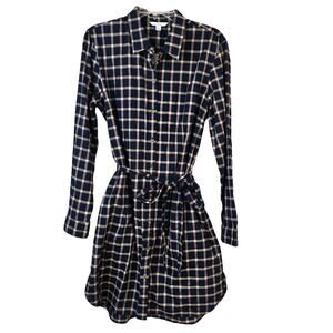 L.L.Bean Signature Essential Button Front Shirt Dress 14 R Navy Multi Plaid NEW